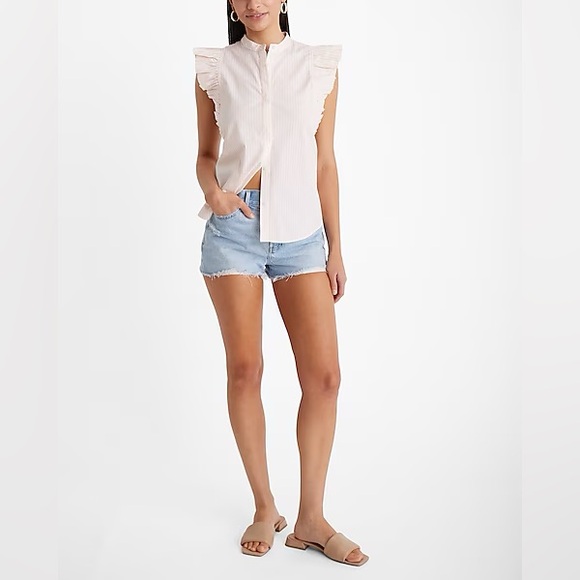 Express Poplin Striped Flutter Sleeve Button Up Gramercy Shirt Pink and White - Picture 4 of 7